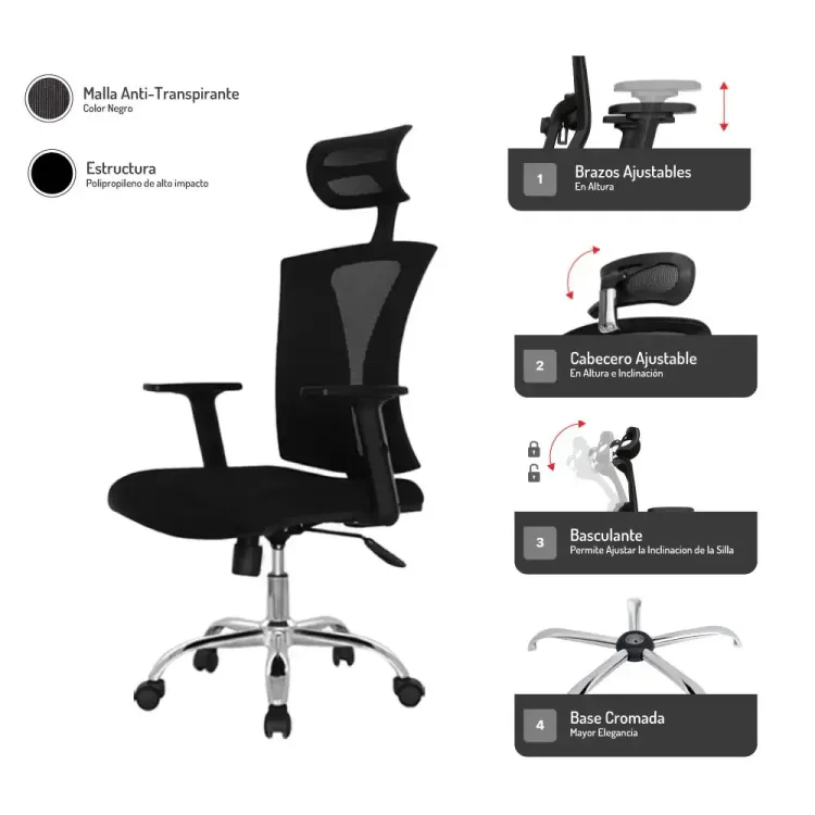 Silla de Escritorio Praga Con Cabecero Cromo 4